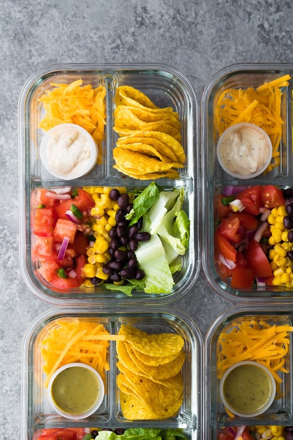 overhead view of No Cook Taco Salad Bento Box in glass meal prep container