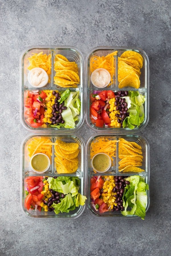 overhead shot of four No Cook Taco Salad Bento Boxes