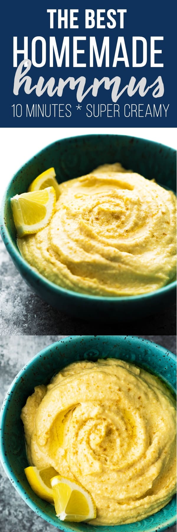The BEST easy homemade hummus: simple, no peeling chickpeas required, and ready in under 10 minutes! Smooth and creamy hummus made with canned chickpeas, tahini, lemon juice, garlic and some spices...and SO much better than store-bought! #sweetpeasandsaffron #hummus #vegan #glutenfree #snack #mealprep