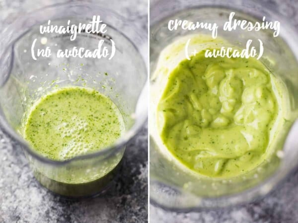 collage image before and after adding the avocado to the dressing