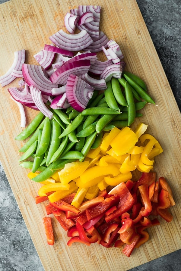 Vegetables cut up for Healthy Shrimp Stir Fry 