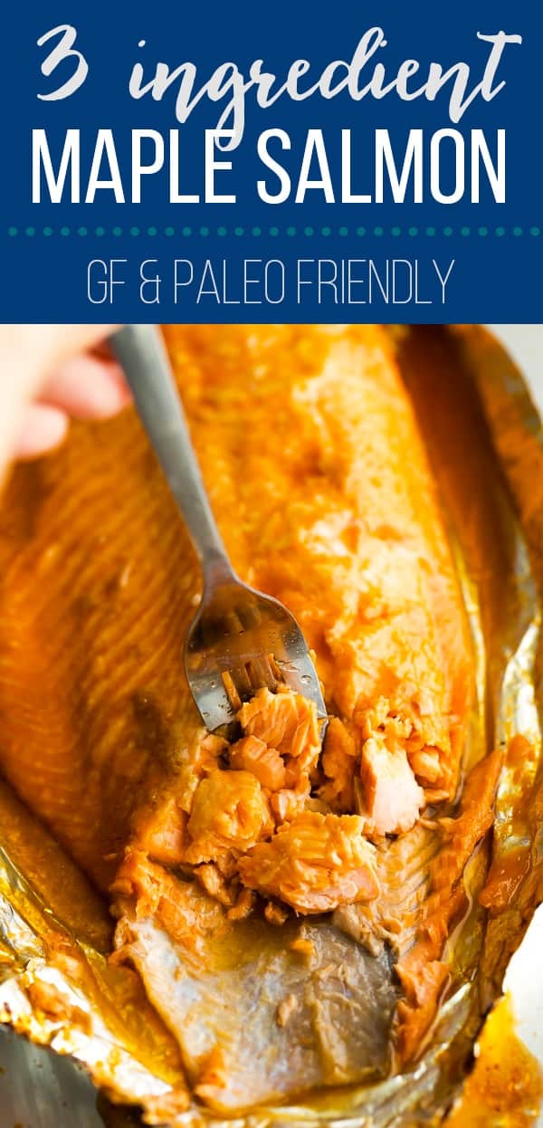 3 ingredient maple glazed salmon makes dinner oh-so-easy to prepare! You can have this on your table in 25 minutes or less. Easy to make gluten-free and paleo compliant. #sweetpeasandsaffron #salmon #paleo #glutenfree #dinner #healthy