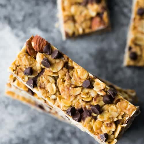 overhead shot of a stack of chewy peanut butter granola bars