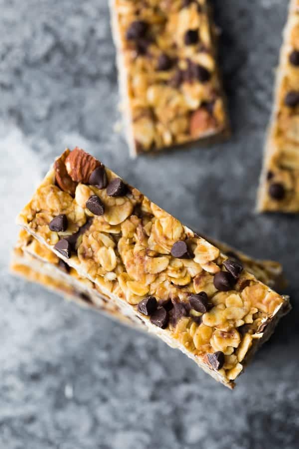 overhead shot of a stack of chewy peanut butter granola bars