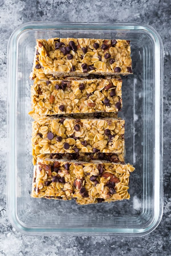 granola bars in a glass storage container