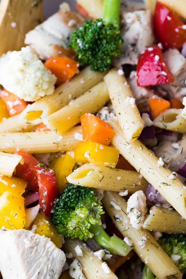 close up of easy pasta salad recipe tossed in red wine vinaigrette