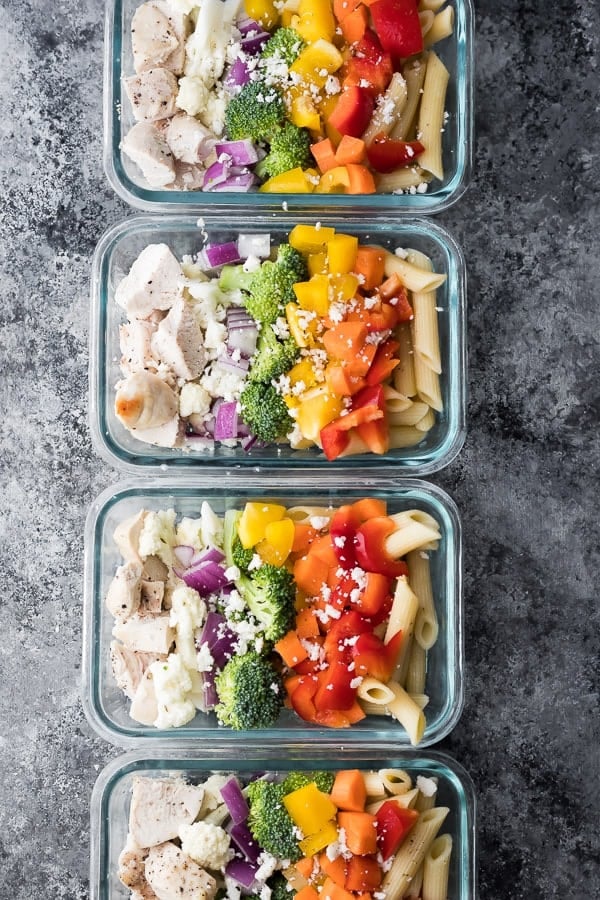 chicken pasta salad recipe in meal prep bowls