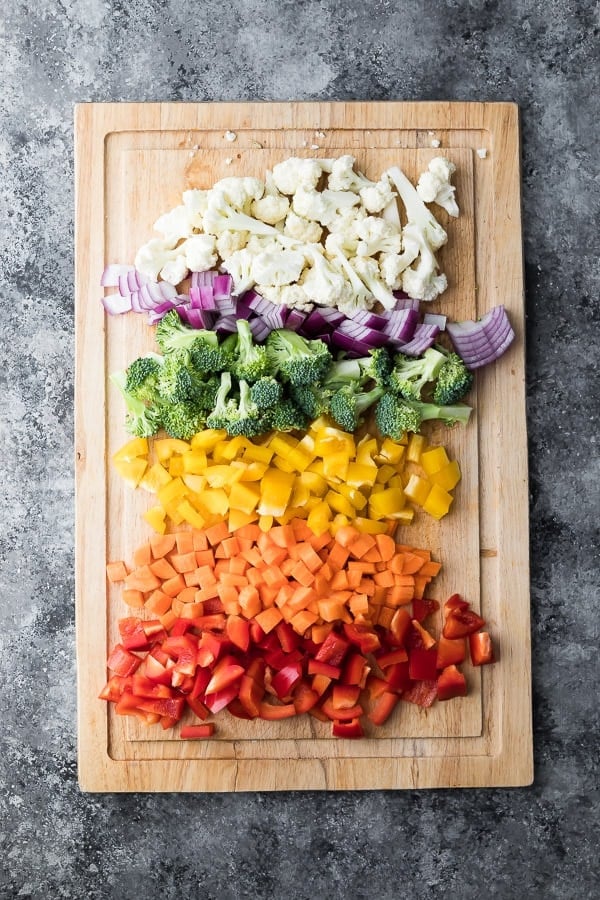 vegetables for pasta salad on cutting board