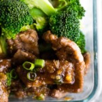 close up shot of mongolian beef and broccoli