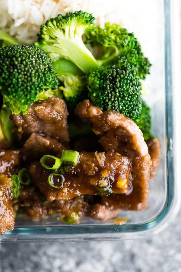 close up shot of mongolian beef and broccoli