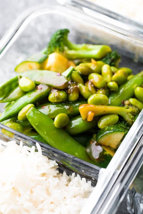 Vegan Ginger Teriyaki Stir Fry in a meal prep container