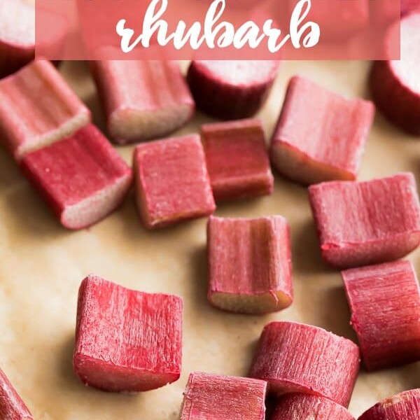 lots of pieces of rhubarb on wood cutting board