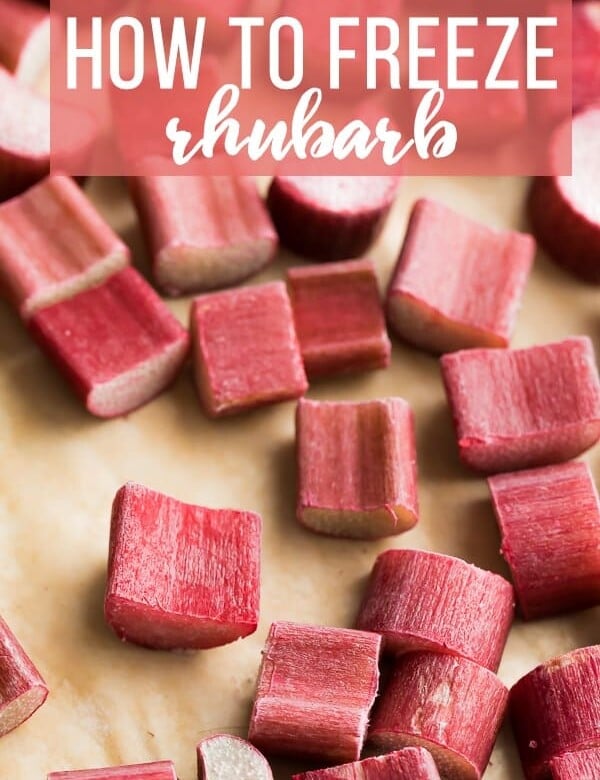 lots of pieces of rhubarb on wood cutting board