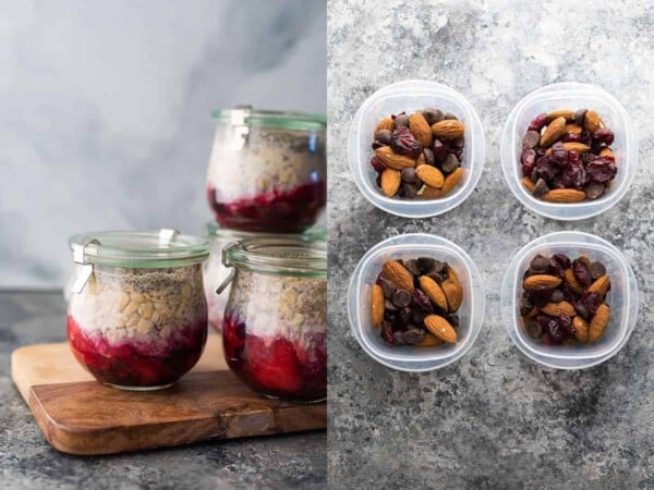 collage image overnight oats and trail mix