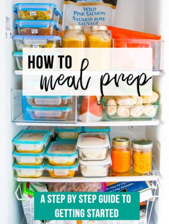 A refrigerator filled with meal prep containers and text overlay saying how to meal prep
