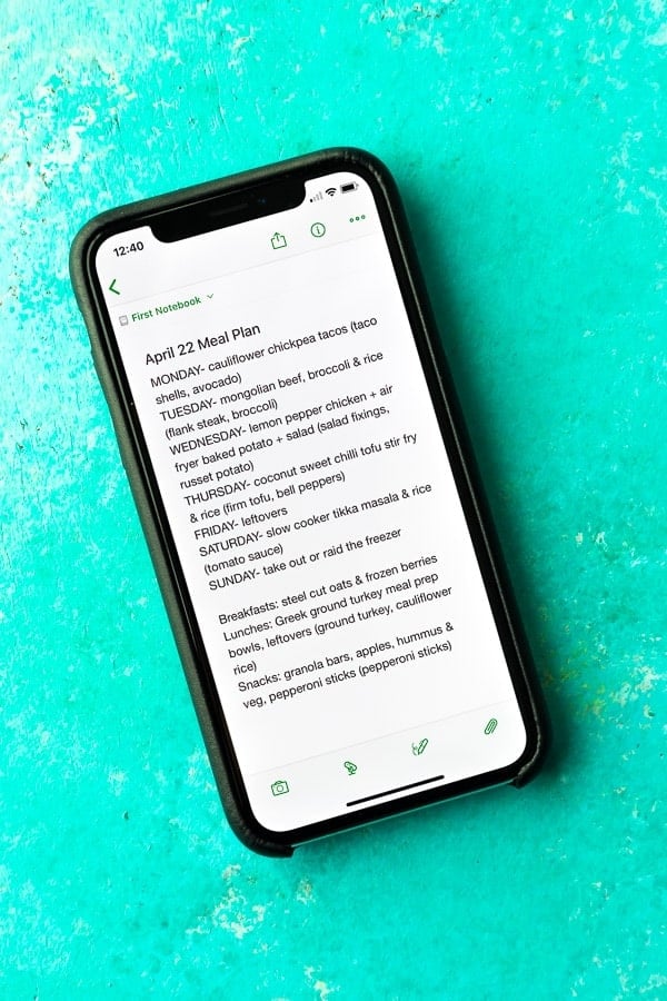 picture of a phone with an example of my weekly meal plan