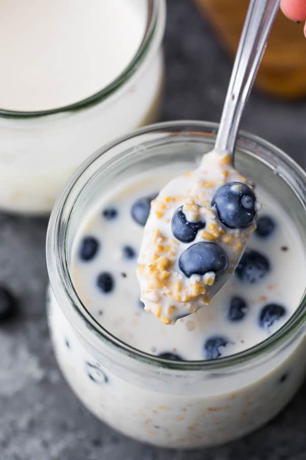Spoonful of Overnight Steel Cut Oats with blueberries