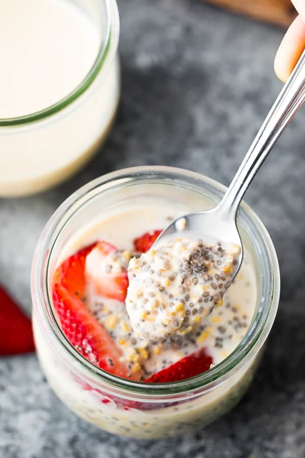 spoonful of steel cut oats overnight with chia seeds and strawberries