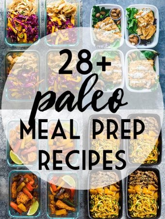 collage image of a variety of recipes with text overlay saying 28 paleo meal prep recipes