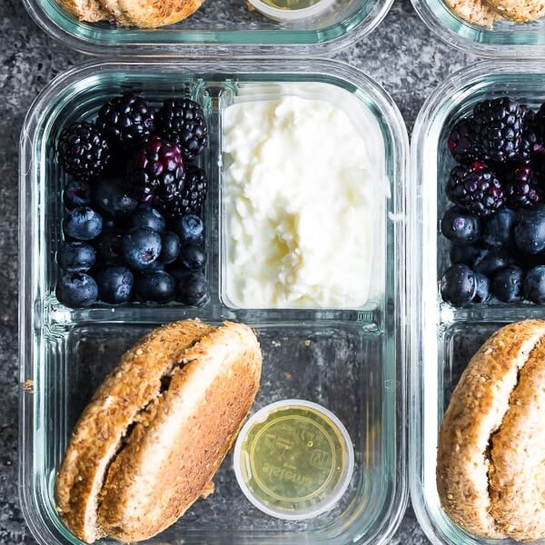 overhead shot of english muffin breakfast bento box