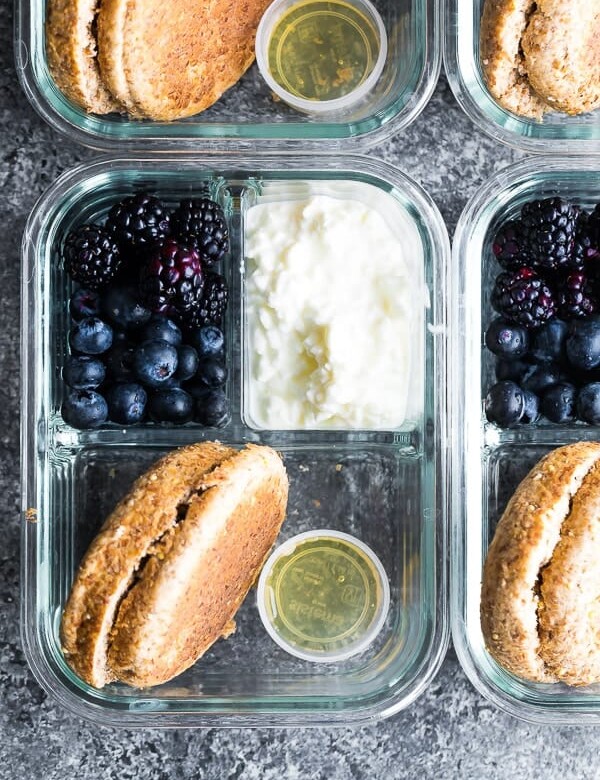 overhead shot of english muffin breakfast bento box