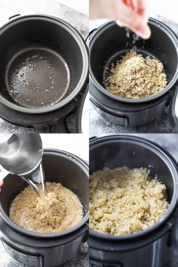 collage image showing how to cook quinoa in the rice cooker