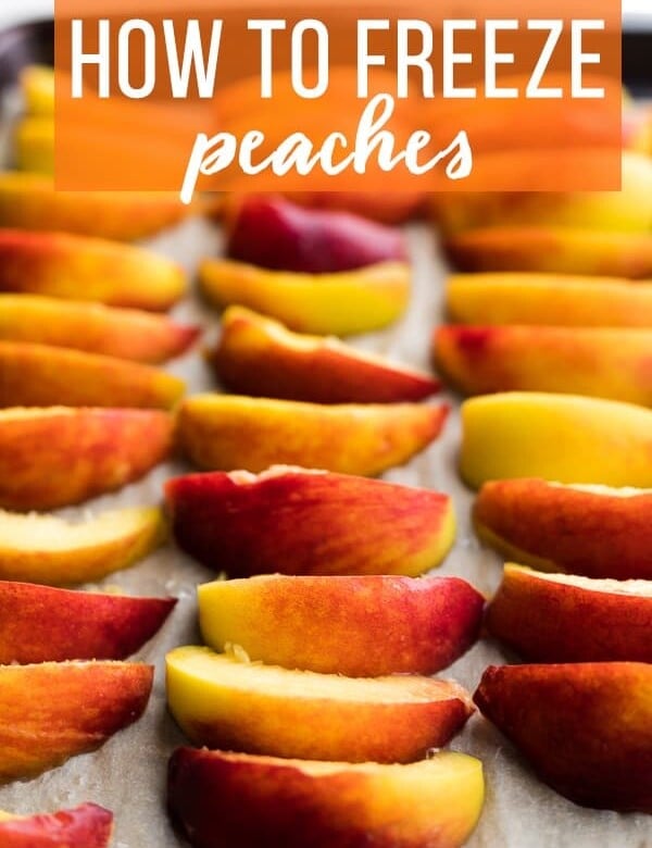 Close up of many peach slices in 3 rows