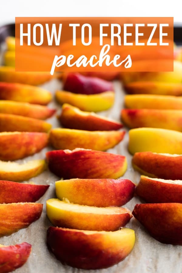 How to Freeze Peaches: peach slices lined up on baking sheet