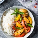 overhead view of Instant Pot Thai Chicken Curry in a bowl with rice