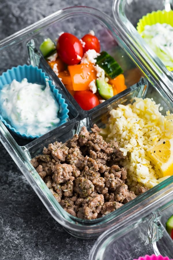 Low Carb Greek Turkey Meal Prep bowls close-up