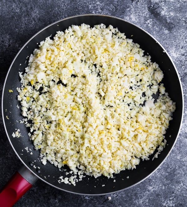 cauliflower rice in pan for the Low Carb Greek Turkey Meal Prep