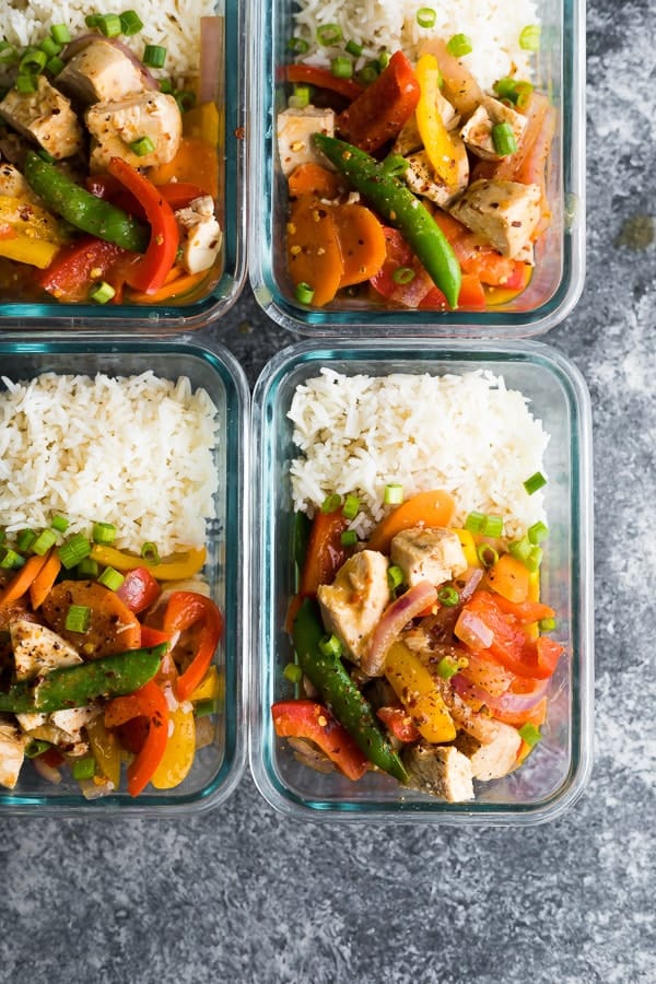 Instant Pot Coconut Sweet Chili Chicken Stir Fry in four glass meal prep containers