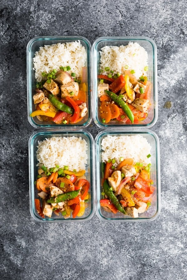 overhead shot of four containers with Instant Pot Coconut Sweet Chili Chicken Stir Fry