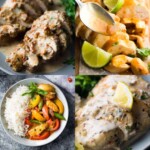 Collage image containing four different flavors of instant pot chicken breasts
