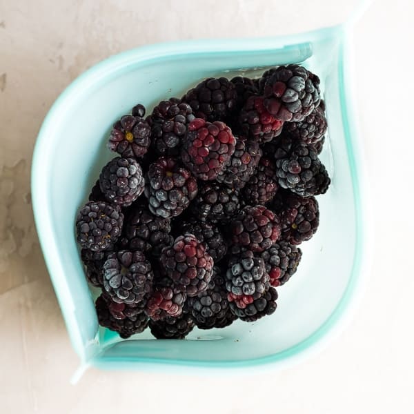 How to Freeze Blackberries: frozen blackberries in silicone freezer bag
