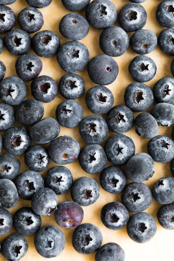 blueberries on a parchment lined baking sheet