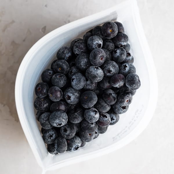 overhead shot of blueberries in a reusable freezer bag