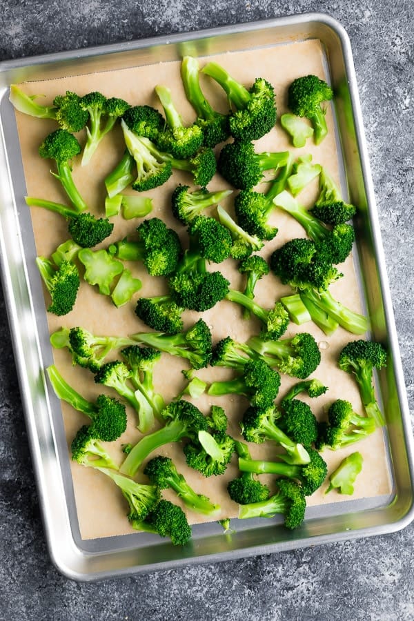broccoli florets on a sheet pan
