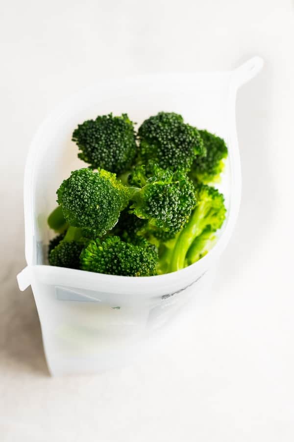 broccoli florets in a reusable freezer bag