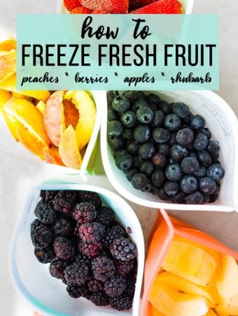overhead shot of variety of fruits in freezer bags with text how to freeze fresh fruit