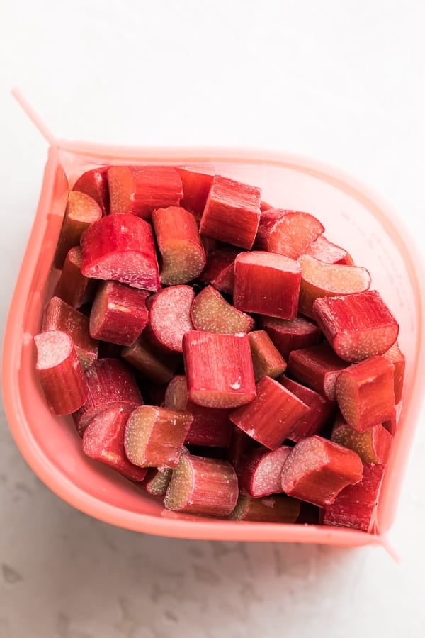 frozen rhubarb in silicone freezer bag