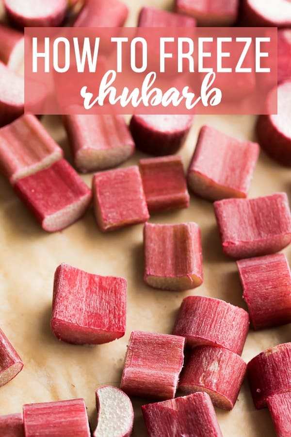 How to freeze rhubarb: frozen rhubarb stalks arranged on a baking sheet