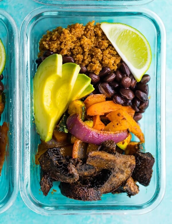 plastic container filled with vegan portobello fajita bowls