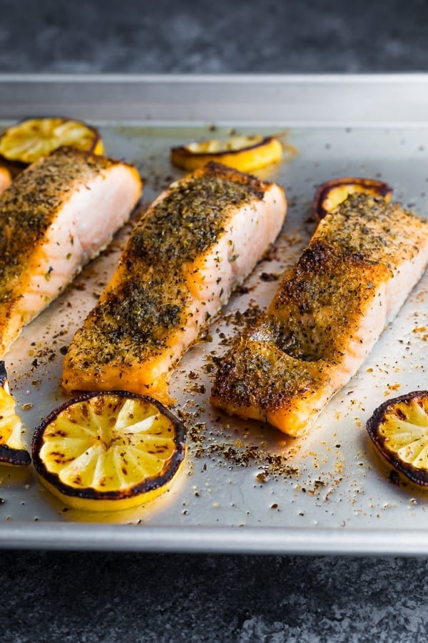 broiled salmon fillets on baking sheet after cooking