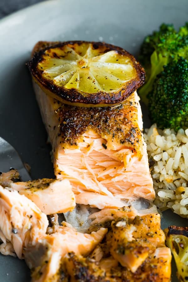 Herb Crusted Broiled Salmon Sweet Peas and Saffron