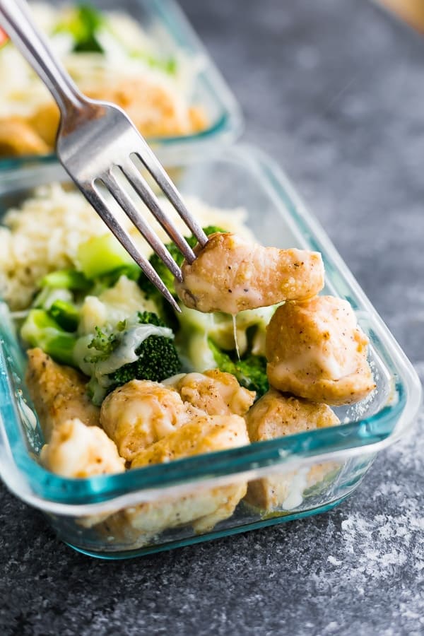 Fork grabbing a piece of chicken from the Low Carb Cheesy Chicken and Rice