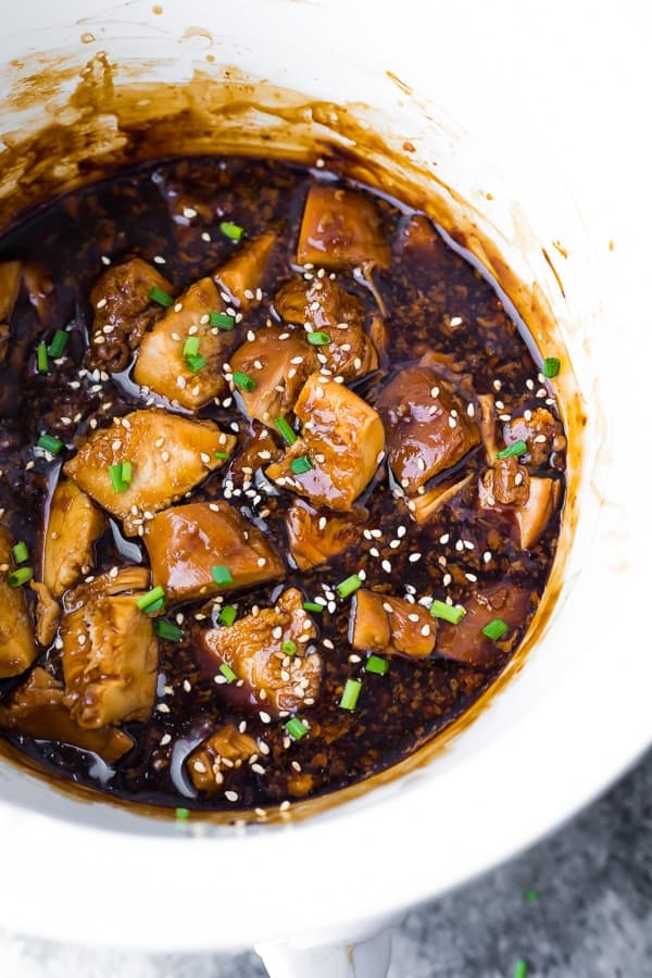 slow cooker chicken teriyaki in slow cooker after cooking