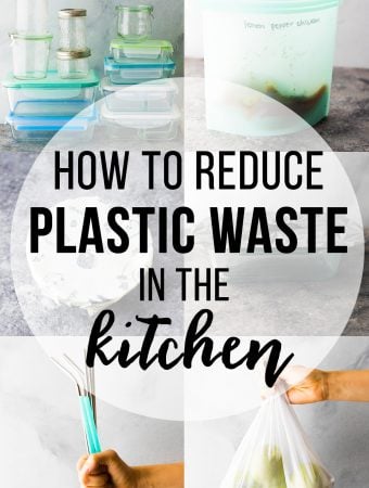 collage image with text overlay how to reduce plastic waste in the kitchen