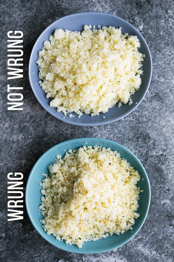 comparison of cauliflower rice squeezed out versus not squeezed out.