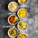 overhead shot of a variety of seven easy rice recipes with text description